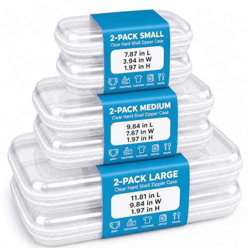 6 Pack Clear Hard Shell Zipper Case Set (2 Large/2 Medium/2 Small),Clear Hard Plastic Zipper Pouches, Transparent Stackable Storage Case for Crafts, Toys, Cosmetics Toiletry Bag for Travel - color: 6Pcs(2S+2M+2L)