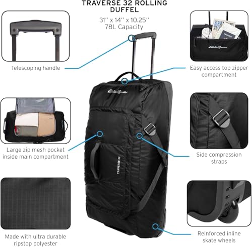 Eddie Bauer Traverse Luggage | Roller Wheels | Telescoping Handle | Travel | Vacation | Ripstop Nylon - Black, 31" - color: Black, size: 31"