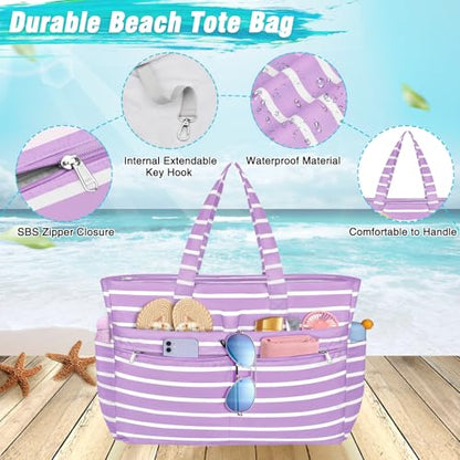 HUANLANG Extra Large Beach Bag Waterproof Beach Totes Bags for Women Men,Pool Bag with Zipper Wet Pocket - color: Purple White
