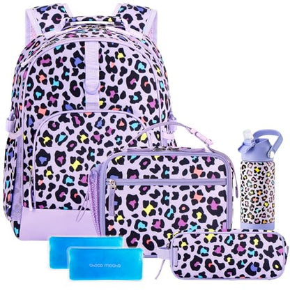 Choco Mocha Cheetah Backpack Set Kids Backpacks for Girls, Girls Backpack with Lunch Box & Water Bottle, Elementary School Bookbag Age 6-8 17 Inch, Purple - color: Cheetah Purple