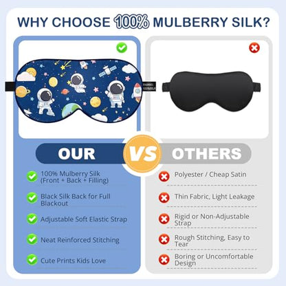 Kids Silk Sleep Mask, 100% Mulberry Silk Eye Mask with Adjustable Strap - color: Space Style
