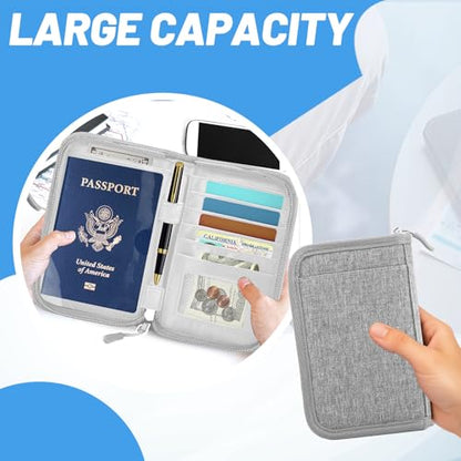 Passport Holder for Travel, RFID Blocking Wallet for Couples Men and Family - color: Grey