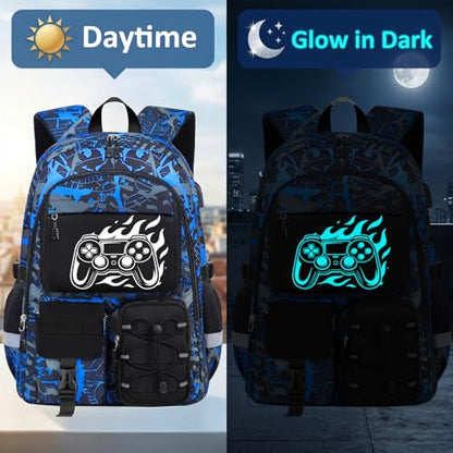 School Backpack for Boys - 4pcs Gamer Boys Backpack with Lunch Box Set for Kids Teens Elementary Middle High School,18″ Large Capacity Students Bookbag with Usb Charging Port & Key-chain - color: Blue-game03-set