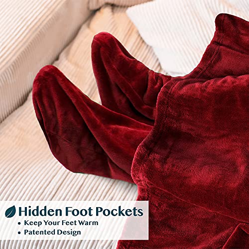 PAVILIA Fleece Blanket with Sleeves, Foot Pockets for Women Men, Dark Red - color: Wine, size: Fleece