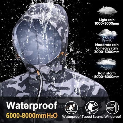 APEXUP Packable Rain Jacket Men Waterproof Lightweight Raincoat with Hood - color: Camo, size: Medium
