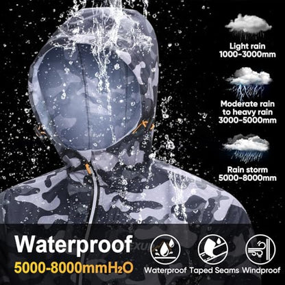 APEXUP Packable Rain Jacket Men Waterproof Lightweight Raincoat with Hood - color: Camo, size: Medium
