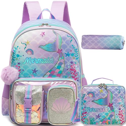 Meetbelify Backpacks for Girls School Backpacks with Lunch Box Pencil Case for Elementary Students Ages 8-10 - color: Purple 01