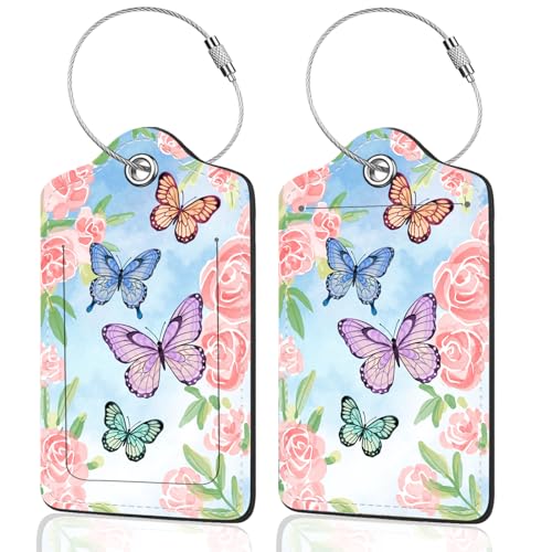 2Pack Luggage Tags for Suitcases, Cute Unique Pu Leather Cruise Luggage Tag with Privacy Cover ID Label Address Card and Metal Ring Suitable for Women Men Kids Travel Bag Pink Flowers and Butterflies - color: Pink Flowers and Butterflies