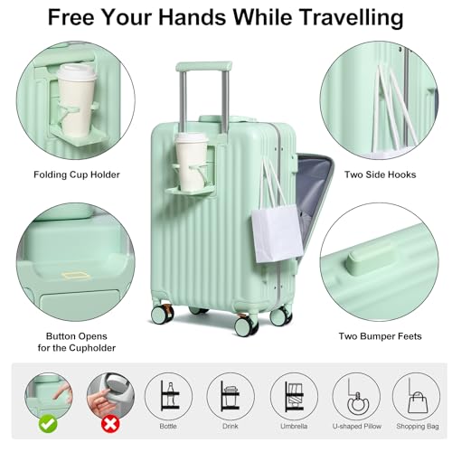 Somago Carry on Luggage Front Open 22x14x9 Airline Approved Lightweight Suitcase with Cup Holder and USB Port Aluminum Frame Polycarbonate Spinner Hard Suitcase with TSA Lock,Lime - color: Lime, size: 20 Inch Carry On (Front Opening)