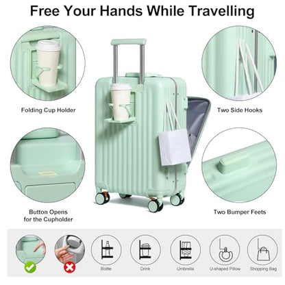 Somago Carry on Luggage Front Open 22x14x9 Airline Approved Lightweight Suitcase with Cup Holder and USB Port Aluminum Frame Polycarbonate Spinner Hard Suitcase with TSA Lock,Lime - color: Lime, size: 20 Inch Carry On (Front Opening)
