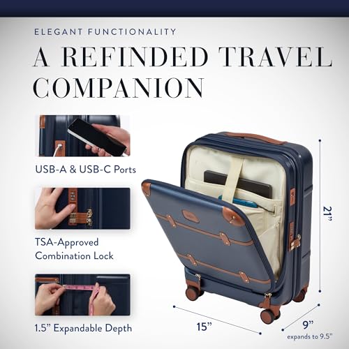 Bric's Bellagio 3.0 Spinner Trunk - Airline Approved Luxury Hardshell Carry On Luggage with Large Wheels, Telescopic Handle, Leather Detailing - Expandable Rolling Suitcase - 21" With Pocket, Blue