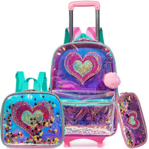 Meetbelify Girls Rolling Backpack Sequin Rolling Backpacks with Wheels for Girls for Elementary School Bag - color: Pink Love