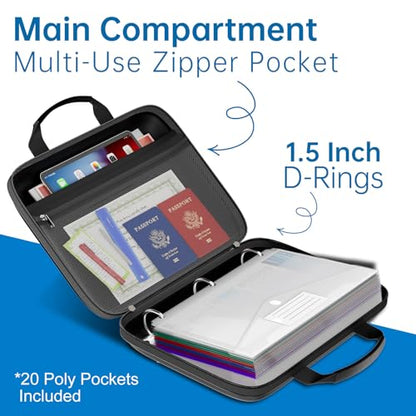 Fireproof Binder Organizer with 20 Pack Binder Pockets & Lock,Black