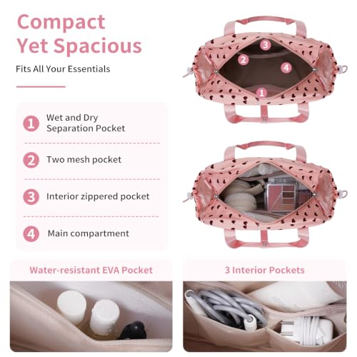 ECOHUB Small Gym Bag for Women, Mini Duffle Bag with Wet Pocket Heart Print - color: Pink Heart Print