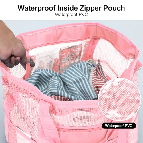 Mesh Beach Bags for Women - Plus Waterproof Sandproof Tote Bag - color: Pink With Top Zipper, size: Large