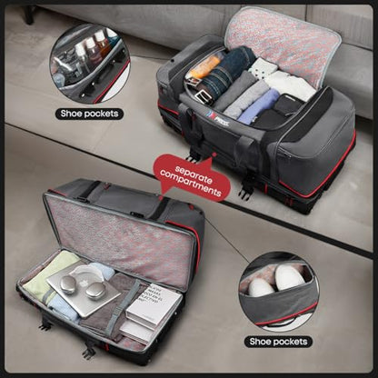 30" Expandable Rolling Duffle Bag w/Wheels and Handle | Extra Large Capacity, 2-Layer Space,Multiple Pockets, Travel Duffle Bag for Men Wome,TBL-074,Grey Red - color: Grey Red
