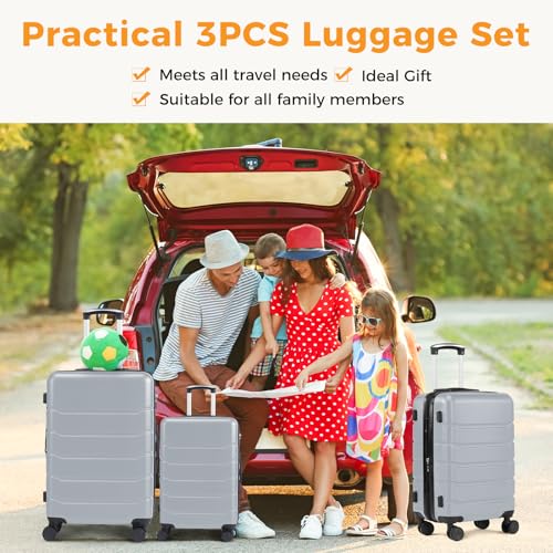 NEWBULIG 3 Piece Luggage Set, Expandable Suitcase with Spinner Wheels - color: Light Grey, size: 3-PCS Set (20/24/28 Inch)