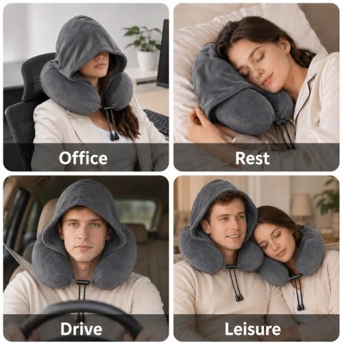 Travel Neck pillow for Airplane, with Large Hood Eye Mask Earplug and Bag - color: Grey