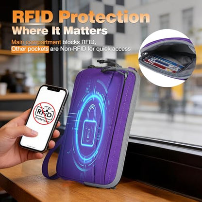 Wristlet Wallet for Women, 4-in-1 RFID Blocking Small Crossbody Bag for Men - color: Purple