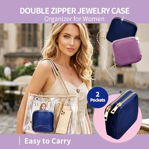 Small Travel Jewelry Case with Earring Box Mini Jewelry Case - color: Dark blue double-layer