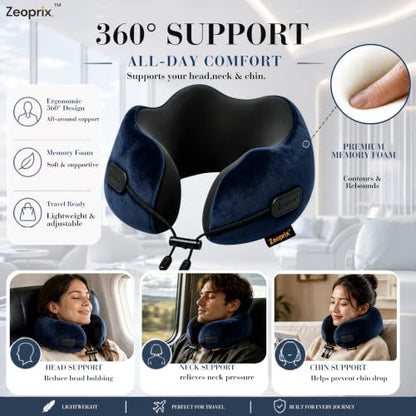 Memory Foam Neck Pillow for Travel, Airplane Pillow, Navy Blue - color: Navy Blue