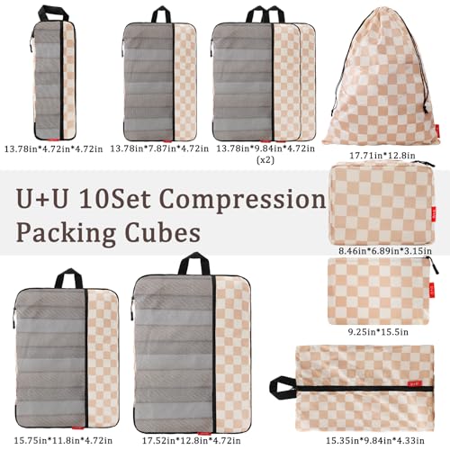 U+U 10 Set Compression Packing Cubes, Travel Organizers (Khaki Checkered) - color: Khaki Checkered, size: 10 Set