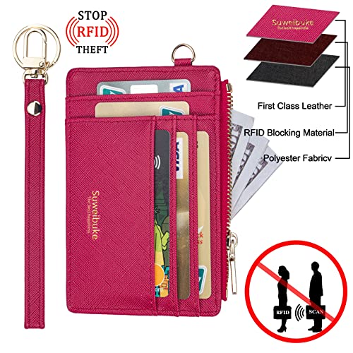 Wikavanli Women Slim Rfid Blocking Credit Card Case Holder Wristlet Zip ID Case Wallet Small Compact Leather Wallet Coin Purse with Keychain (Rose Red) - color: Rose Red