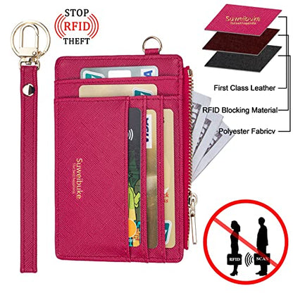 Wikavanli Women Slim Rfid Blocking Credit Card Case Holder Wristlet Zip ID Case Wallet Small Compact Leather Wallet Coin Purse with Keychain (Rose Red) - color: Rose Red