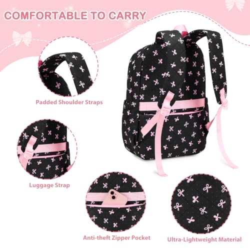 Quilted Backpack for Girls with Lunch Box Pencil Case - color: Black Bows