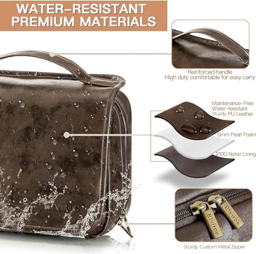 Elviros Hanging Toiletry Bag Removable Travel Bag PU leather Makeup Cosmetic Organizer Kit, Coffee - color: Coffee, size: 1 Pack