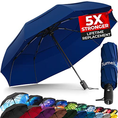 TUMELLA Strongest Windproof Travel Umbrella (Compact, 100MPH Wind-Tested), Light, Portable, One-Handed Use, Automatic Folding Rain Umbrella, Durable, Premium Grip, Fits Car & Backpack - color: 1-pack Navy Blue