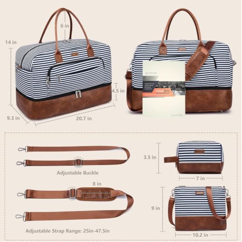 Large Women Travel Weekender Bag: Carry on Duffle with Shoe Compartment - color: Blue Striped