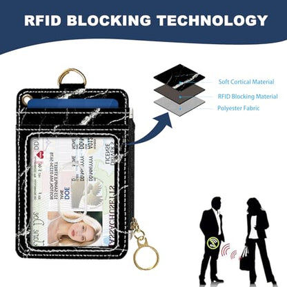 Slim Wallet Credit Card Holder, Black marble texture, RFID Wallet Women Cute Small Front Pocket Wallet With Zipper, PU Leather Thin travel RFID Blocking Card Case ID Window,Ladies Gifts - color: Black marble texture