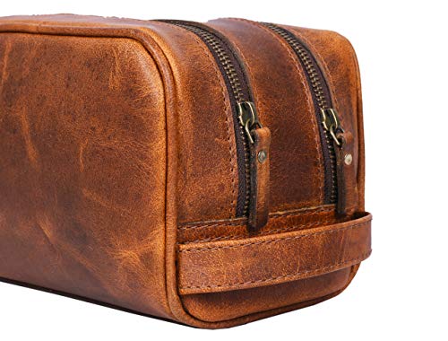 Aaron Leather Goods Leather Toiletry Bag for Men and Women Brown 10.5 Inch (Caramel) - color: Caramel