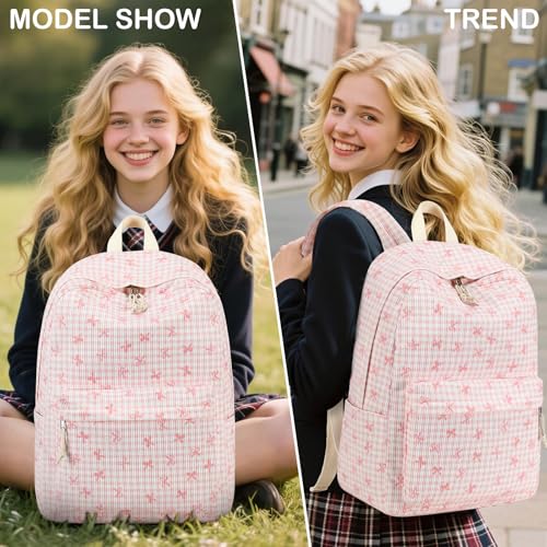 LEDAOU Girls Backpack, Kids School Bookbag, Backpack for Kids and Teens - color: Pink Bow Checkered