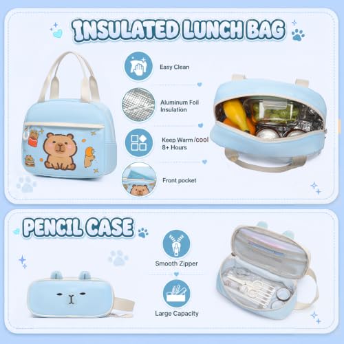 3PCS Capybara Backpack for Girls with Lunch Box Kapybara Bookbag (Blue) - color: Blue