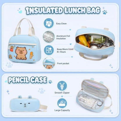 3PCS Capybara Backpack for Girls with Lunch Box Kapybara Bookbag (Blue) - color: Blue