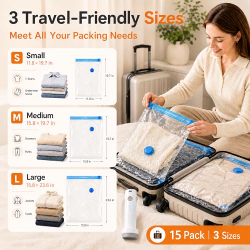 15 Pack Vacuum Bags for Travel with Rechargeable Pump, Save Luggage Space - size: 15 Combo
