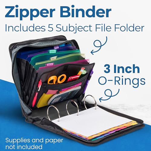 Case-it School Zipper Binder | 3-Inch O-Rings | 600-Sheet | D-146 Jet Black - color: A Jet Black, size: 6 Pack