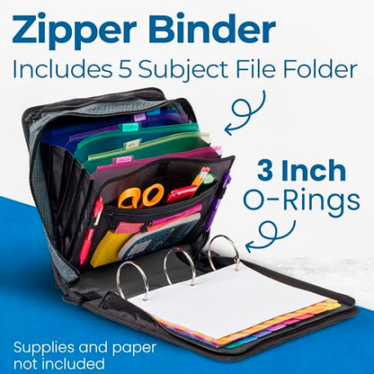 Case-it School Zipper Binder | 3-Inch O-Rings | 600-Sheet | D-146 Jet Black - color: A Jet Black, size: 6 Pack