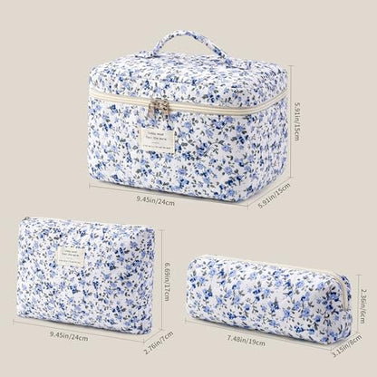 HBselect Quilted Makeup Bag, 3Pcs Cotton Large Travel Makeup Bags Organizer - color: A-3PCS-Floral 42