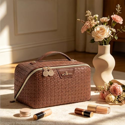 Travel Makeup Bag for Women: 3 Pcs Set Vagen Leather Cosmetic Bag - color: 07Brown