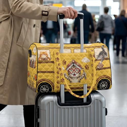 Cat Quilted Duffle Bag for Women, Hippie Bus Weekender Bags - color: Reading Cat