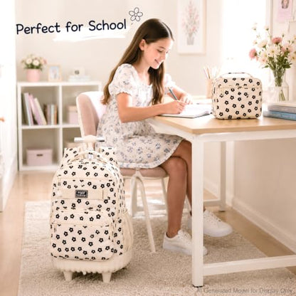 UFNDC 3PCS Wheeled Backpack for Girls, Women Beige Plum Blossom Roller Backpacks with Wheels, Water-Resistant Travel Rolling Bookbag - color: Rolling Backpack Set Plum Blossom Beige