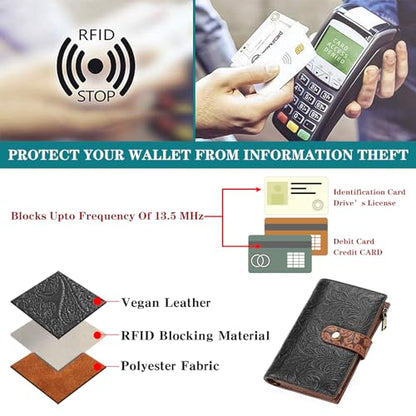 GOIACII Women's Wallet RFID Blocking Leather Trifold Credit Card Holder - color: B04 Black & Brown