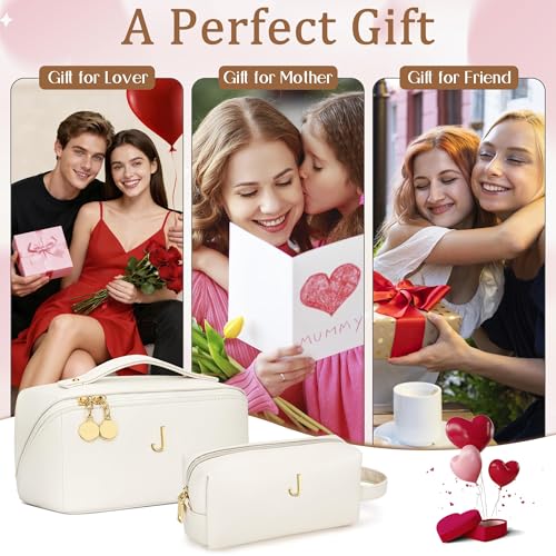 KKXIU Initial Makeup Bag for Women, Personalized Gifts for Women - color: Beige, style: J
