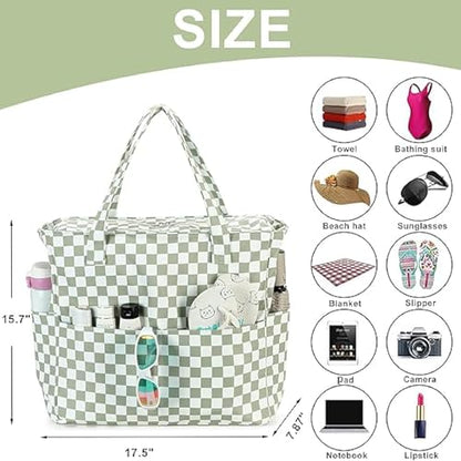 Bluboon Waterproof Beach Tote Pool Bags for Women Ladies Extra Large Carry On Bag With Wet Compartment for Weekender Travel - color: Grass Green White Grid