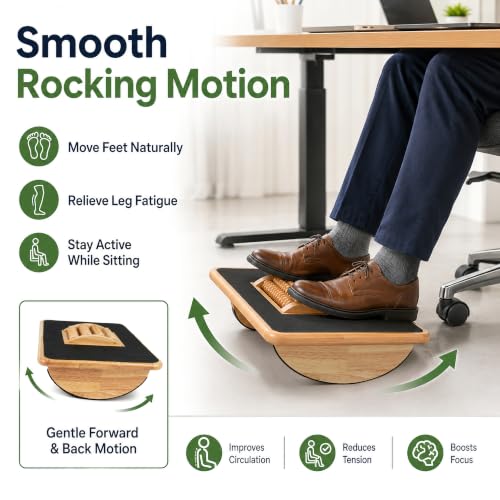 Foldable Under Desk Foot Rest, Wooden Rocking Footrest with 4 Massage Rollers, Natural Rubber Wood Ergonomic Foot Stool with Silicone Anti-Slip Surface, Office Home Study Footrest for Post