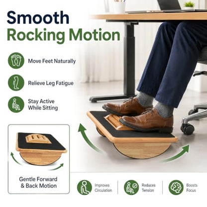 Foldable Under Desk Foot Rest, Wooden Rocking Footrest with 4 Massage Rollers, Natural Rubber Wood Ergonomic Foot Stool with Silicone Anti-Slip Surface, Office Home Study Footrest for Post