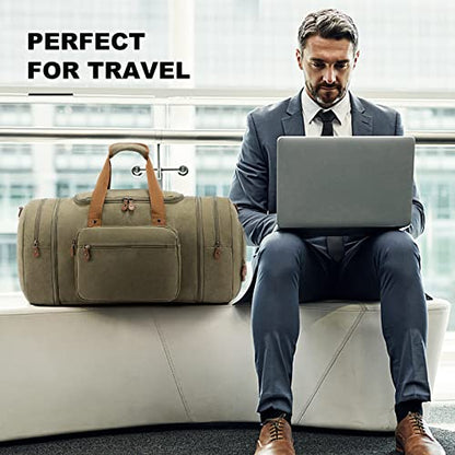 Sucipi Canvas Duffel Bag for Men, Expandable Weekend Overnight travel bags - color: Green-1
